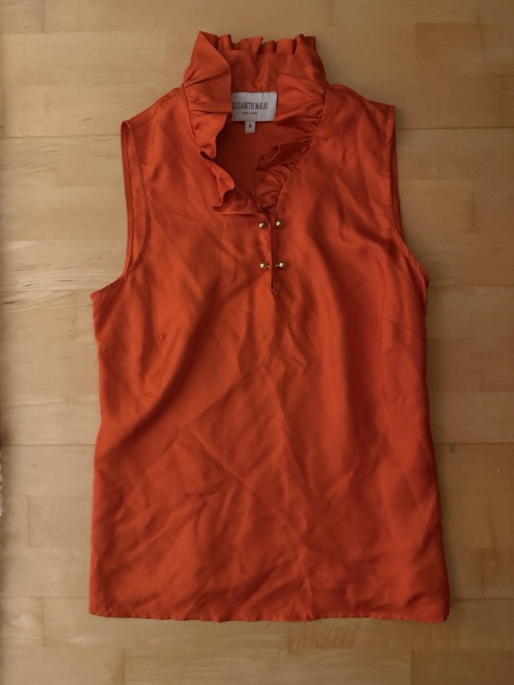 Elizabeth McKay Shirt Womens Silk Sleeveless Ruffle Neck Blouse Tank Orange 4